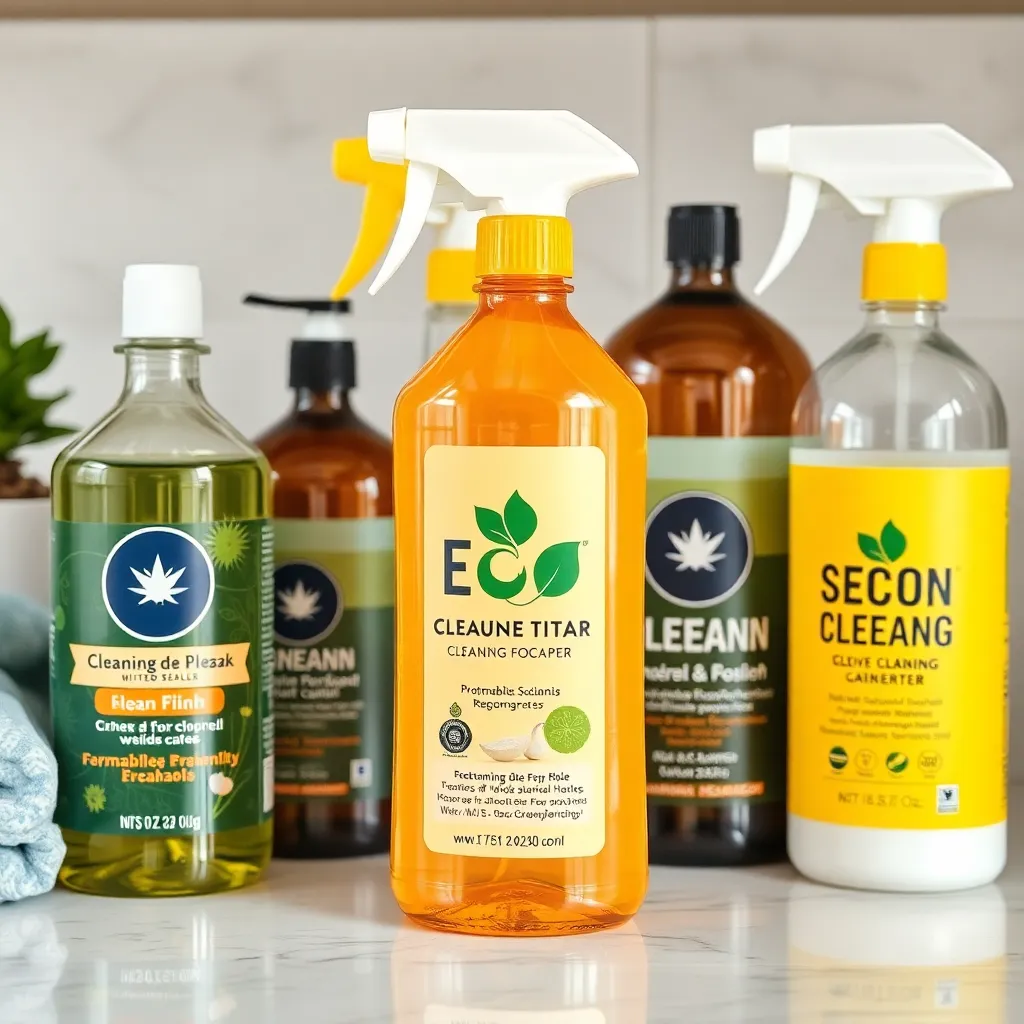 A close-up of eco-friendly cleaning products neatly arranged on a countertop