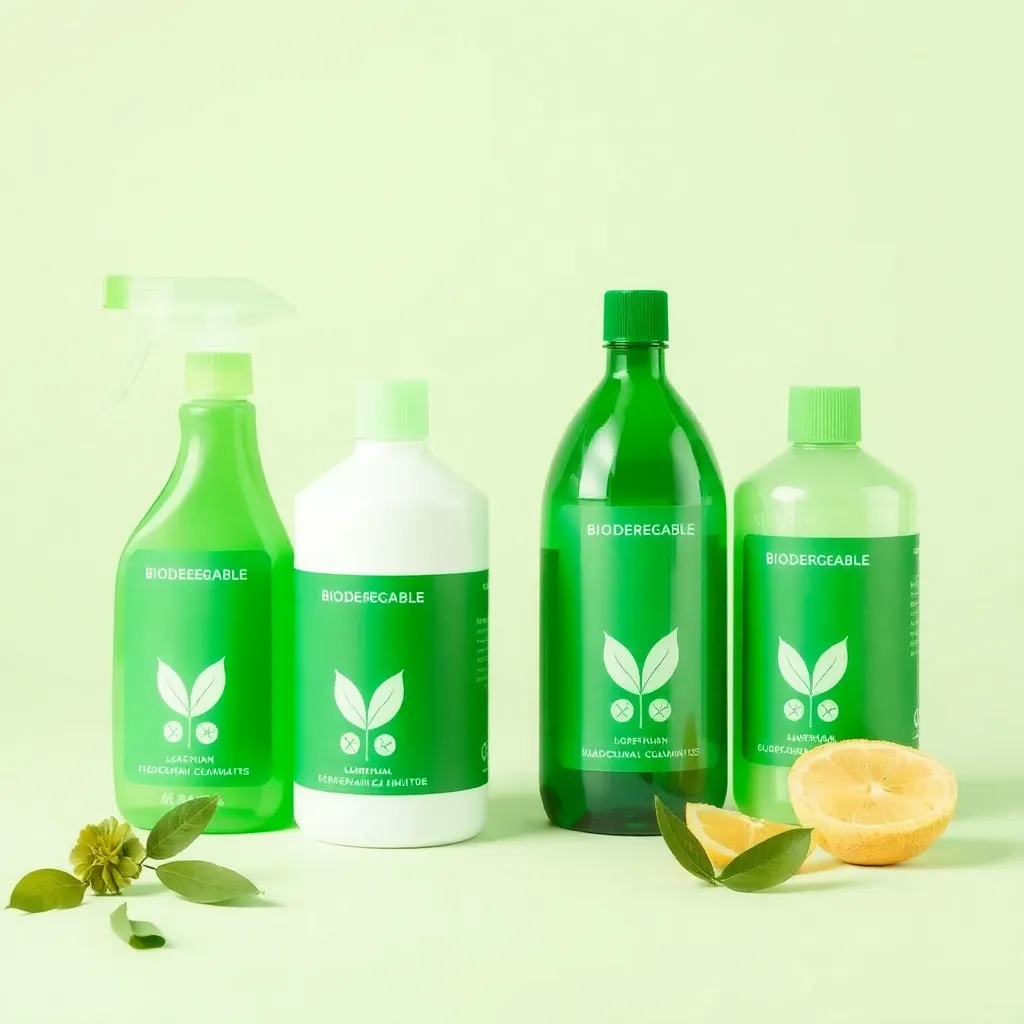 Biodegradable cleaning products with green color scheme