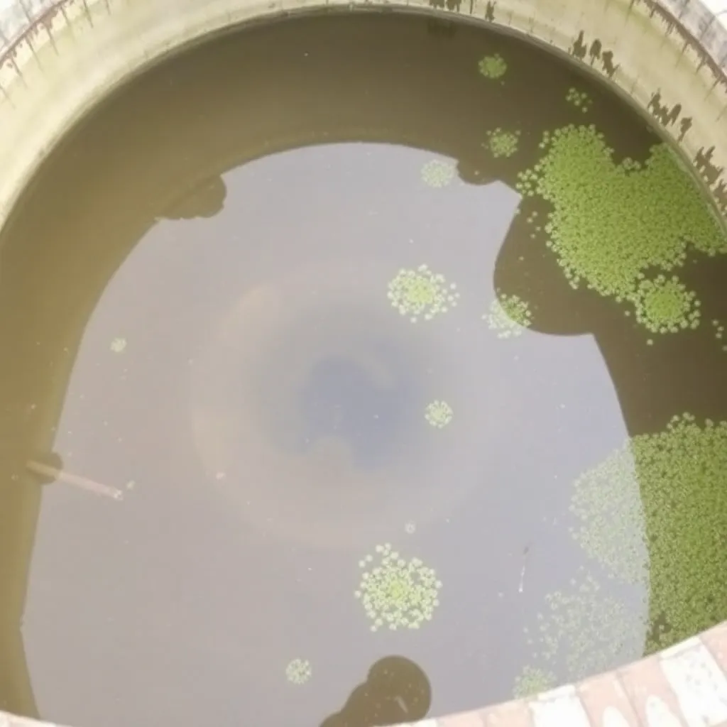A dirty water tank with visible sediments and algae buildup