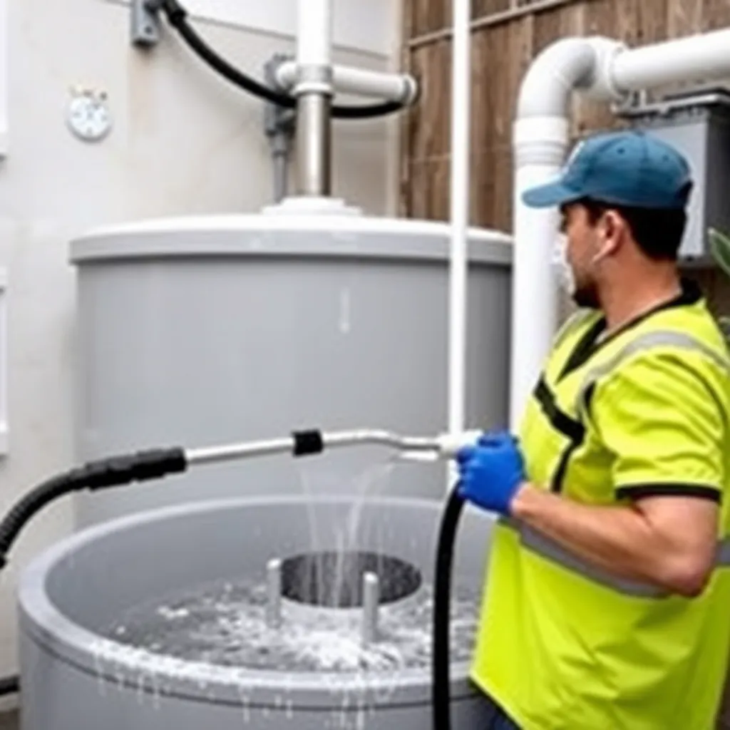 A professional cleaner using specialized equipment to clean a water tank