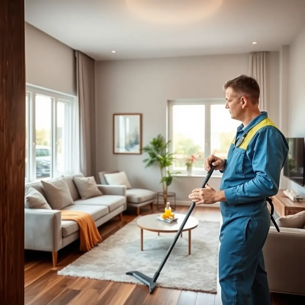 A professional cleaner in uniform cleaning a modern living room with eco-friendly products