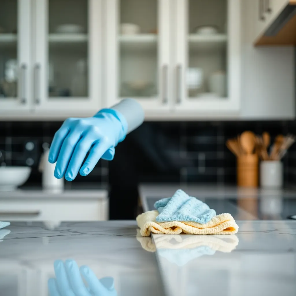 A professional cleaner wiping down a kitchen counter with a microfiber cloth